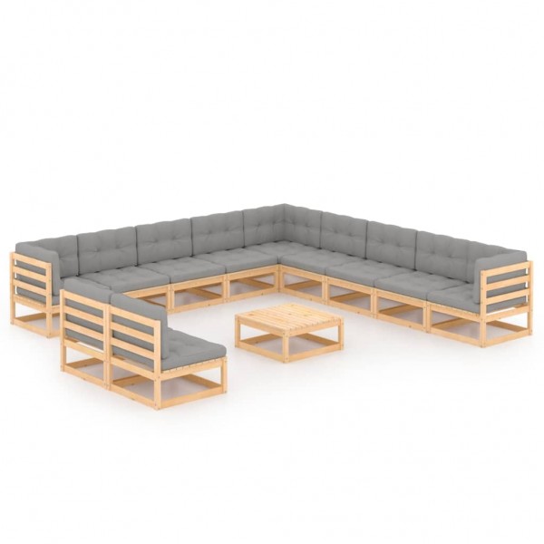 Muebles de jardín 12 pzas con cojines de madera de pino maciza