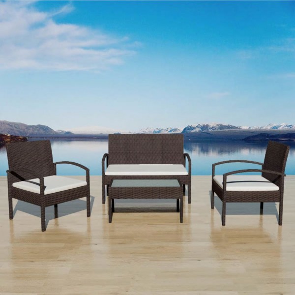 Muebles de jardín 4 piezas con cojines ratán sintético marrón