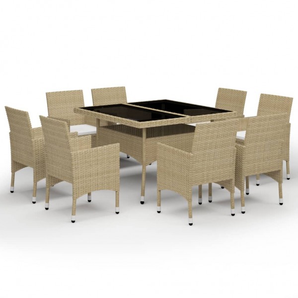 Muebles de jardín 9 piezas ratán sintético y vidrio beige
