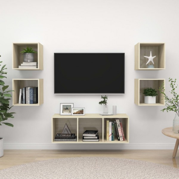 Muebles de pared de TV 5 pzas madera contrachapada color roble