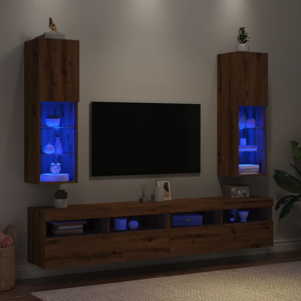 Muebles TV con luces LED 2 uds roble artesanal 30.5x30x102 cm