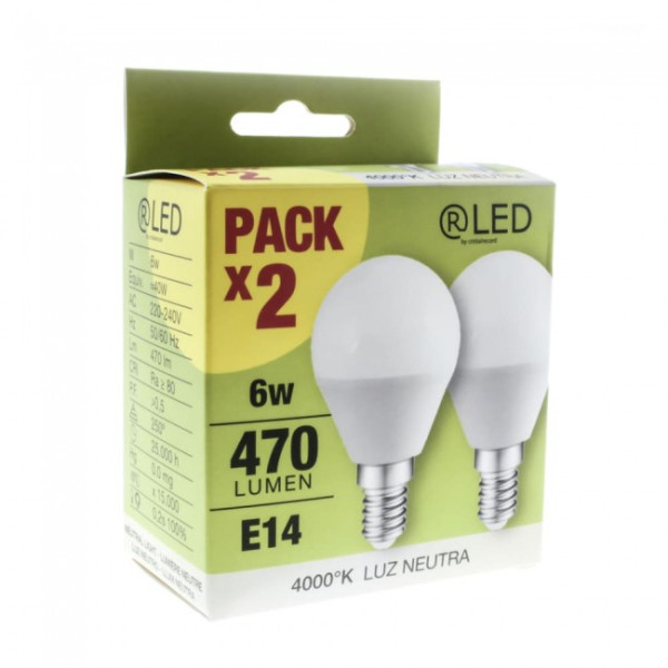 Pack 2 x Bombilla LED E14 G45 (6W - 4000K)
