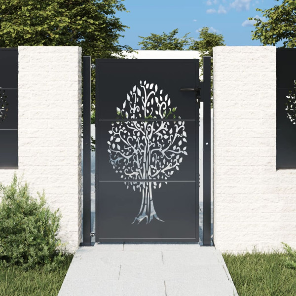 Puerta de jardín acero gris antracita diseño árbol 105x130 cm