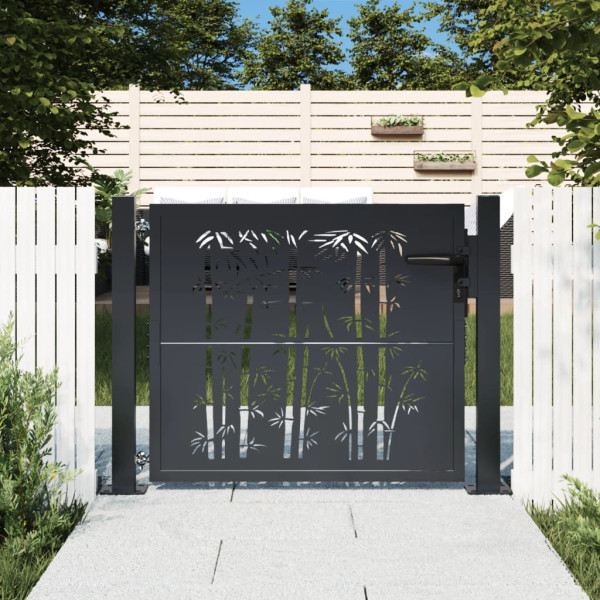Puerta de jardín acero gris antracita diseño bambú 105x80 cm