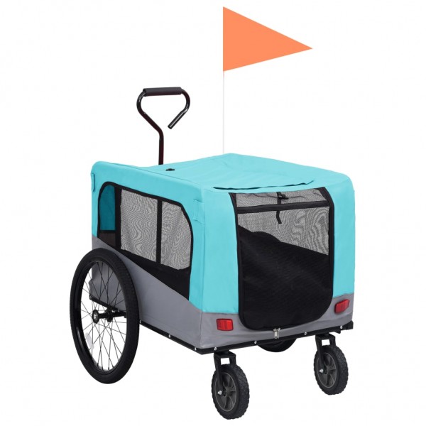 Remolque carro de bicicleta mascotas 2 en 1 azul y gris