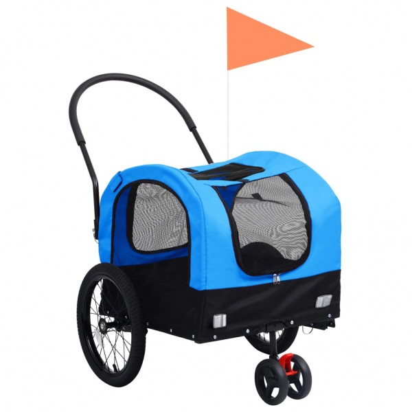 Remolque de bicicleta mascotas carrito 2 en 1 azul y negro
