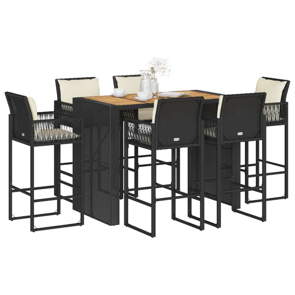 Set bar jardín con cojines 7 pzas ratán sintético acacia negro