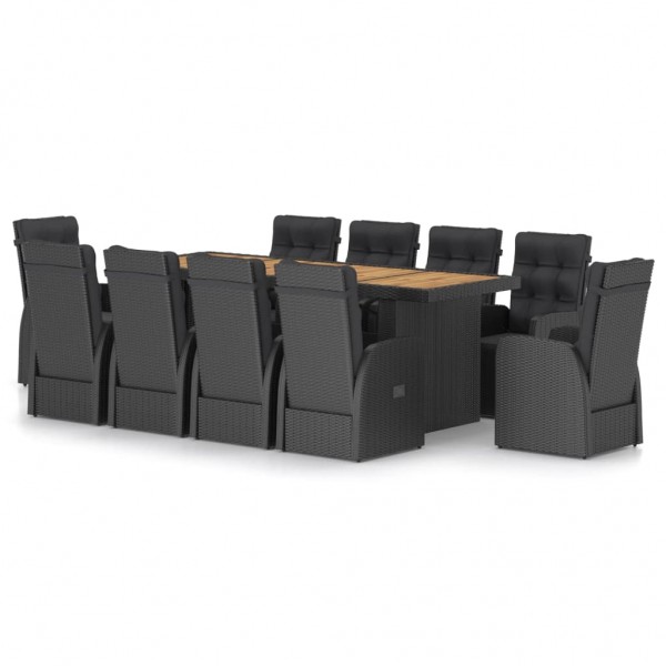 Set comedor de jardín 11 piezas ratán sintético y cojines negro