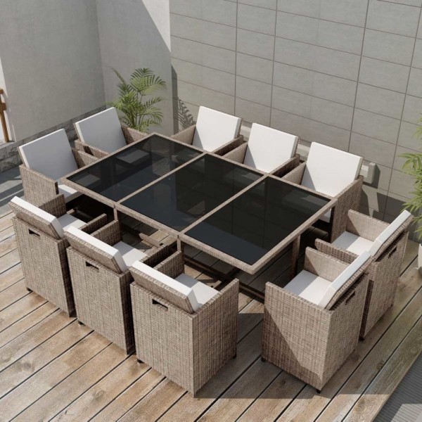 Set comedor de jardín 11 piezas y cojines ratán sintético beige