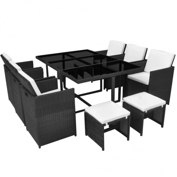 Set comedor de jardín 11 piezas y cojines ratán sintético negro