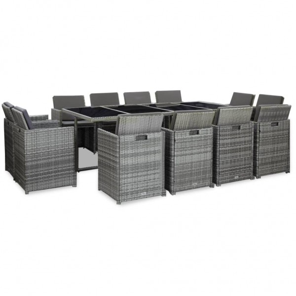 Set comedor de jardín 13 piezas y cojines ratán sintético gris