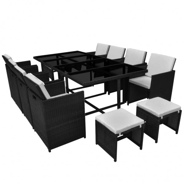 Set comedor de jardín 13 piezas y cojines ratán sintético negro