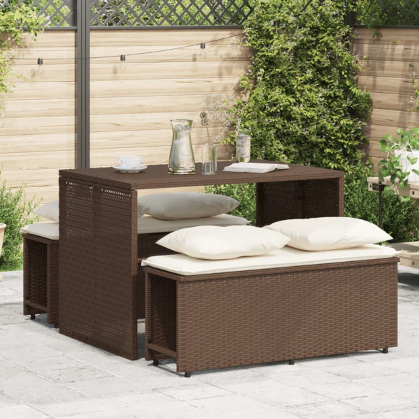 Set comedor de jardín 3 piezas y cojines ratán sintético marrón