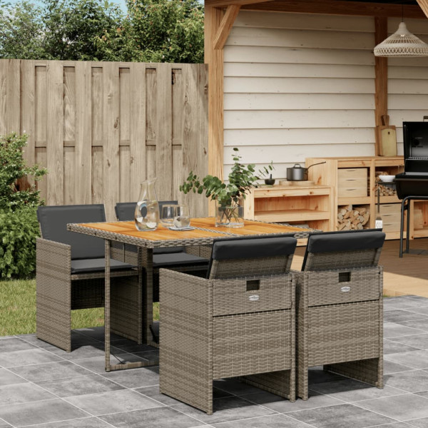 Set comedor de jardín 5 piezas con cojines ratán sintético gris