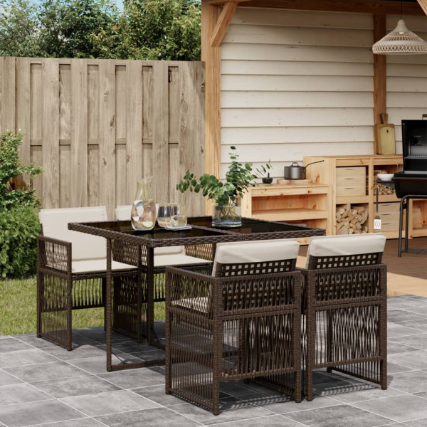 Set comedor de jardín 5 piezas y cojines ratán sintético marrón