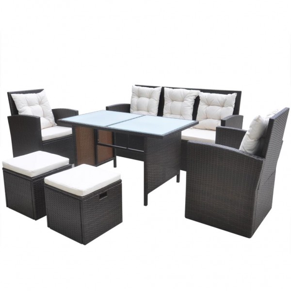 Set comedor de jardín 6 piezas y cojines ratán sintético marrón