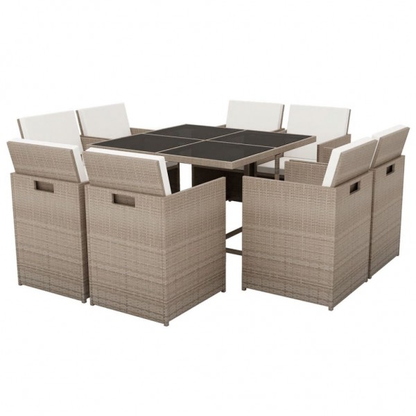 Set comedor de jardín 9 piezas y cojines ratán sintético beige