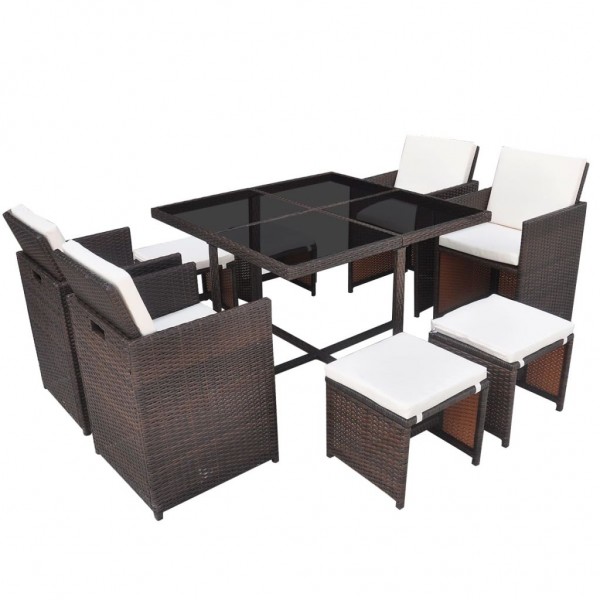 Set comedor de jardín 9 piezas y cojines ratán sintético marrón