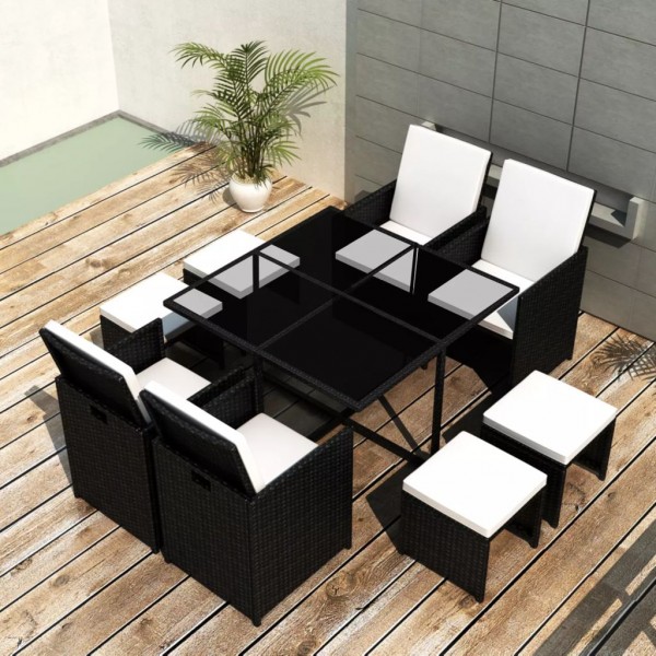 Set comedor de jardín 9 piezas y cojines ratán sintético negro