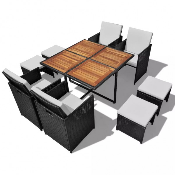 Set comedor de jardín 9 pzas ratán sintético y madera negro