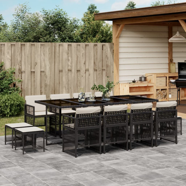 Set comedor de jardín con cojines 13 pzas ratán sintético negro