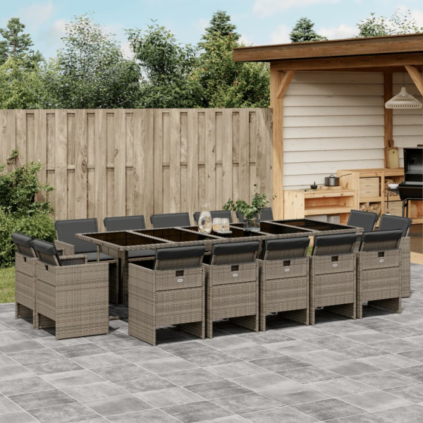 Set comedor de jardín con cojines 15 pzas ratán sintético gris