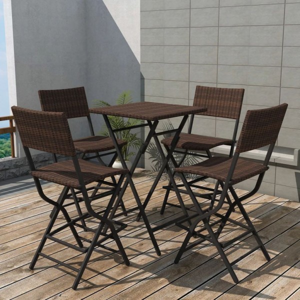Set comedor de jardín plegable 5 pzas poli ratán y acero marrón