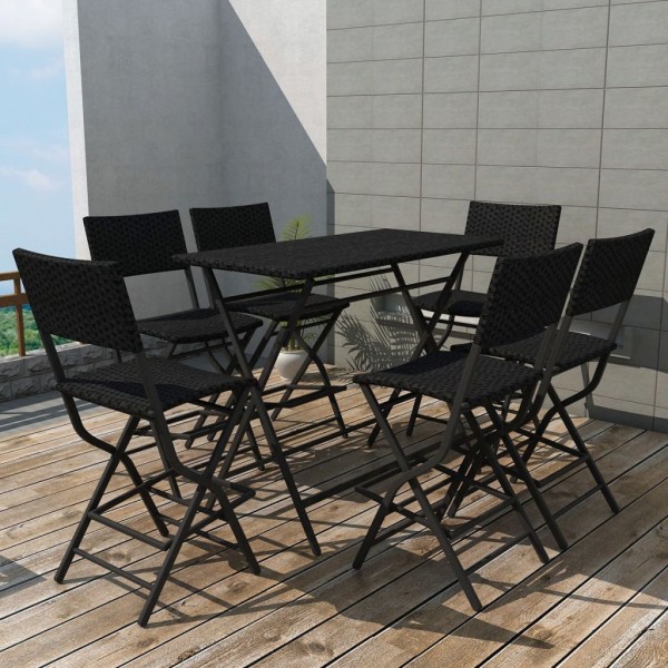 Set comedor de jardín plegable 7 pzas poli ratán y acero negro