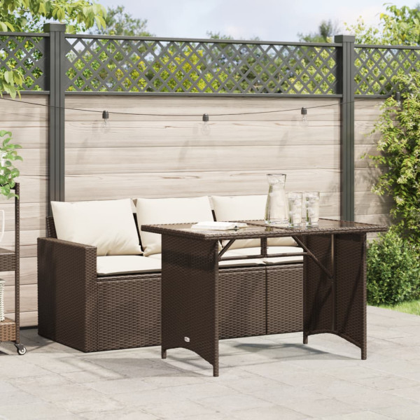 Set comedor de jardín y cojines 2 pzas ratán sintético marrón