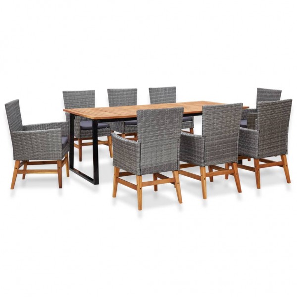 Set comedor jardín 9 pzas ratán sintético y madera acacia gris