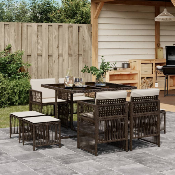 Set comedor para jardín 9 pzas y cojines ratán sintético marrón