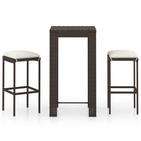 Set de bar de jardín 3 piezas y cojines ratán sintético marrón
