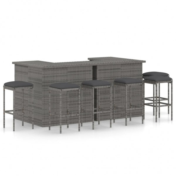 Set de bar para jardín 8 piezas y cojines ratán sintético gris