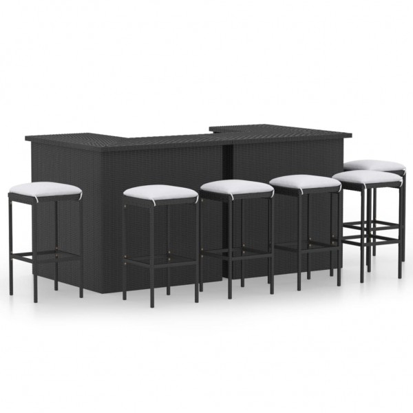 Set de bar para jardín 8 piezas y cojines ratán sintético negro