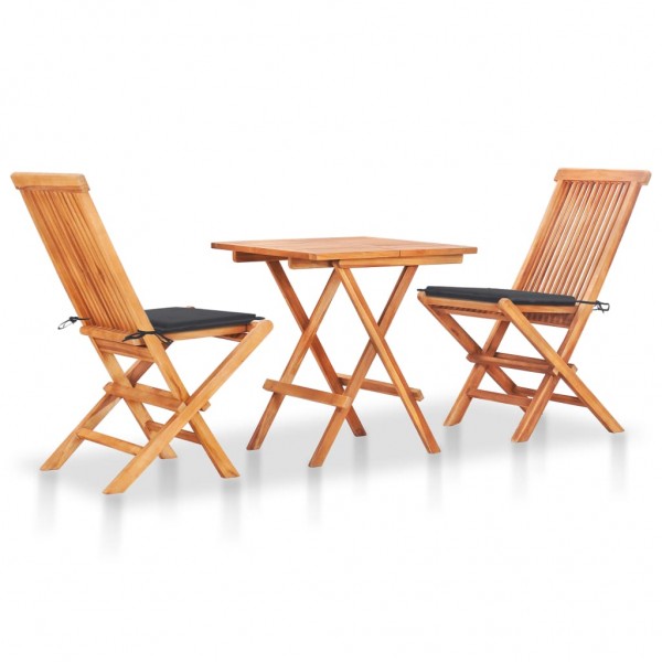 Set de bistró 3 pzas con cojines antracita madera maciza teca