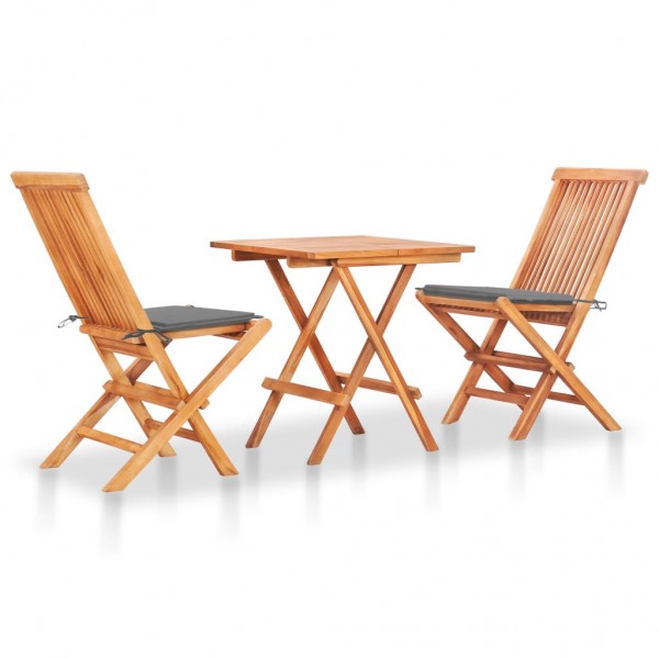 Set de bistró 3 pzas con cojines grises madera maciza de teca