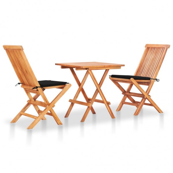 Set de bistró 3 pzas con cojines negros madera maciza de teca