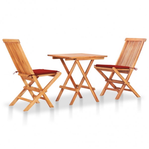Set de bistró 3 pzas con cojines rojos madera maciza teca
