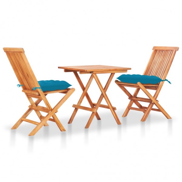 Set de bistró 3 pzas madera maciza de teca y cojines azul claro