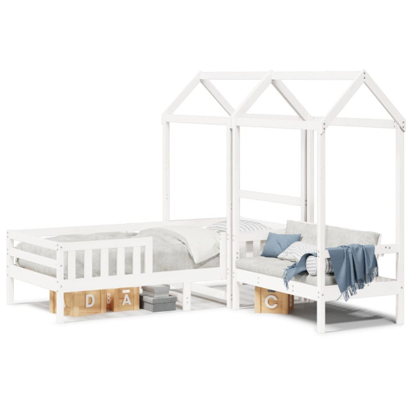 Set de cama y banco con techo madera de pino blanco 90x200 cm