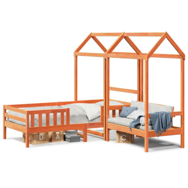 Set de cama y banco con techo madera de pino marrón 80x200 cm
