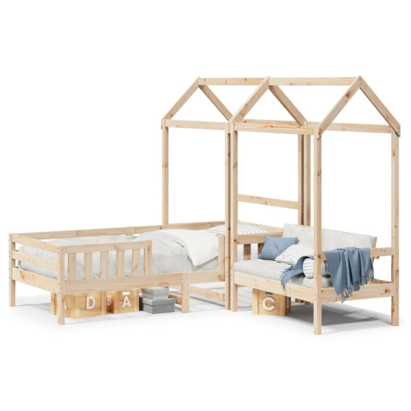 Set de cama y banco con techo madera maciza de pino 90x190 cm