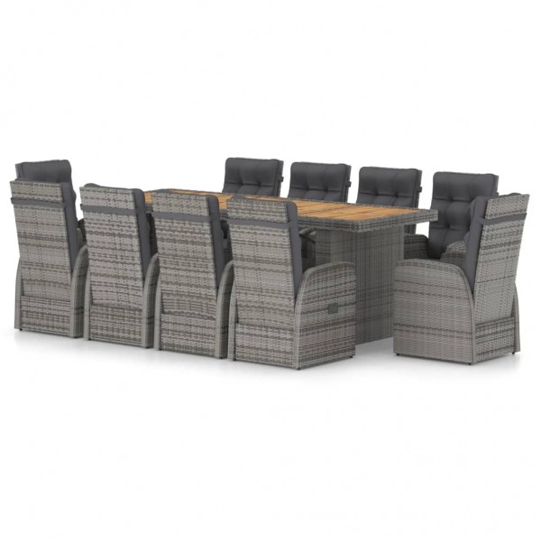 Set de comedor de jardín 11 pzas ratán sintético y cojines gris