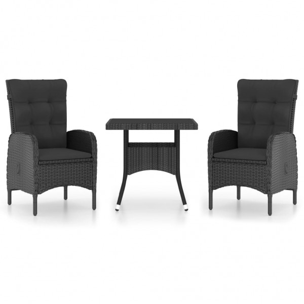 Set de comedor de jardín 3 pzas ratán sintético y vidrio negro