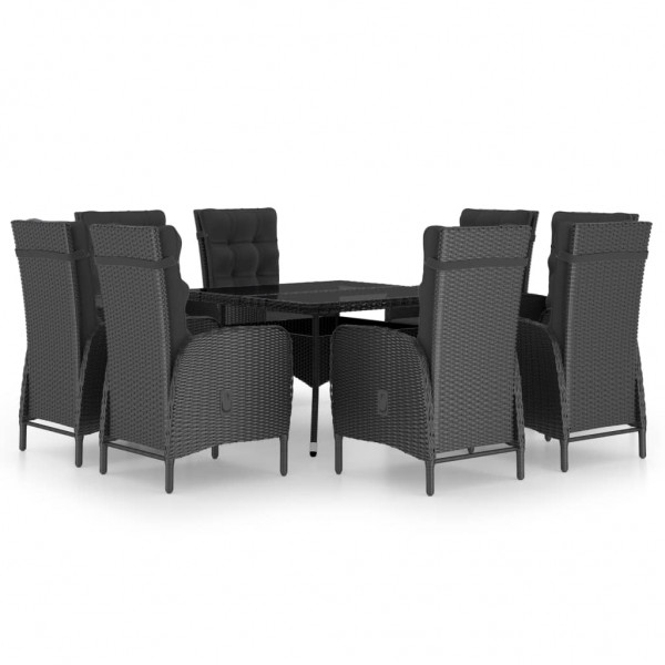 Set de comedor de jardín 9 piezas ratán PE y vidrio negro