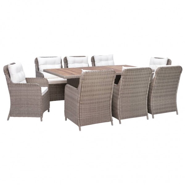 Set de comedor jardín 9 piezas cojines ratán sintético marrón