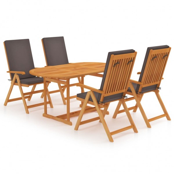 Set de comedor para jardín 5 piezas teca maciza y cojines gris