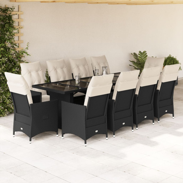 Set de mesa y sillas de jardín 11 pzas y cojines ratán PE negro