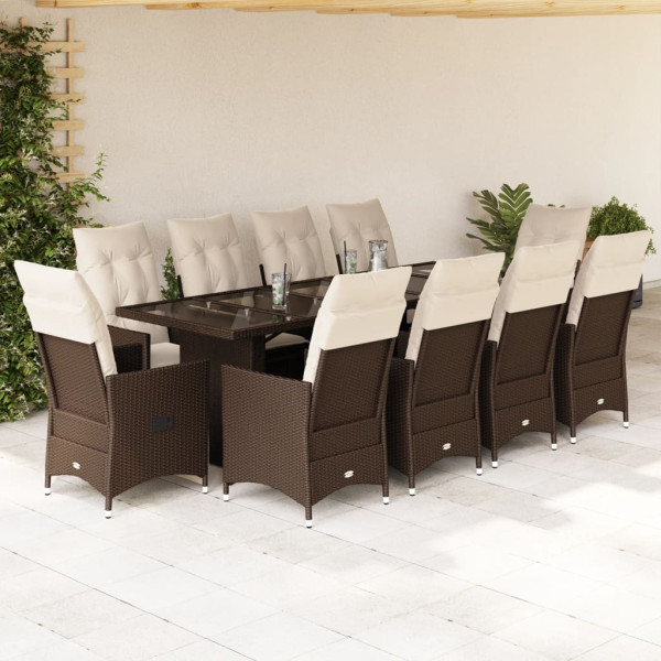Set de mesa y sillas de jardín 11 pzs y cojines ratán PE marrón