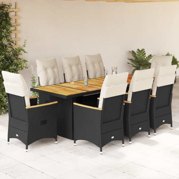 Set de mesa y sillas de jardín 9 pzas y cojines ratán PE negro
